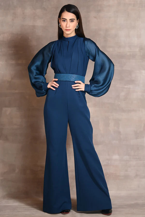 Blue Organza & Crepe Jumpsuit