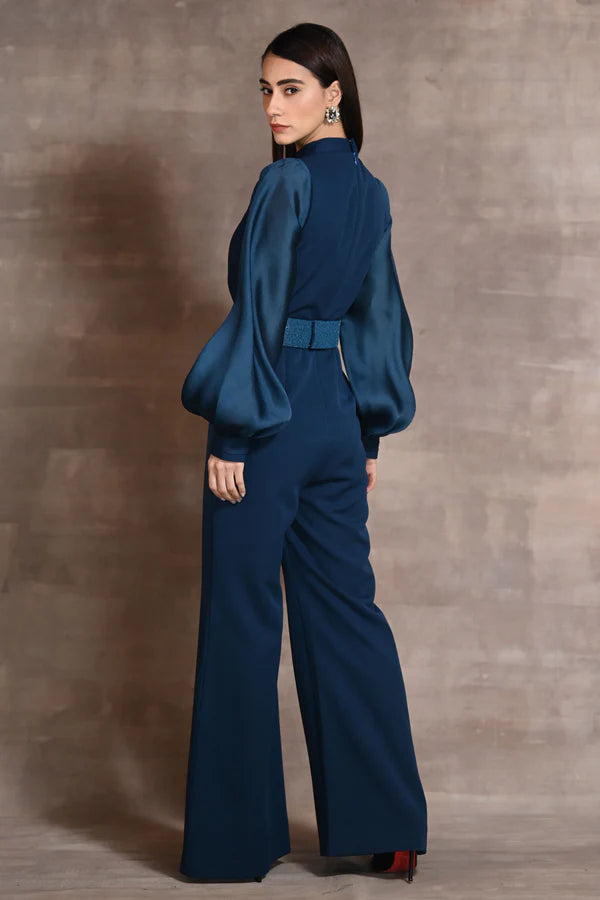 Blue Organza & Crepe Jumpsuit