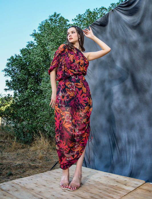 multi color floral one shoulder dress