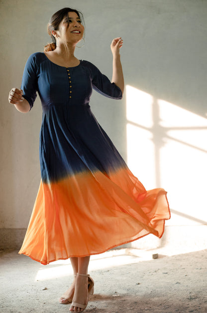 Indigo and Orange Fit and Flare Dress