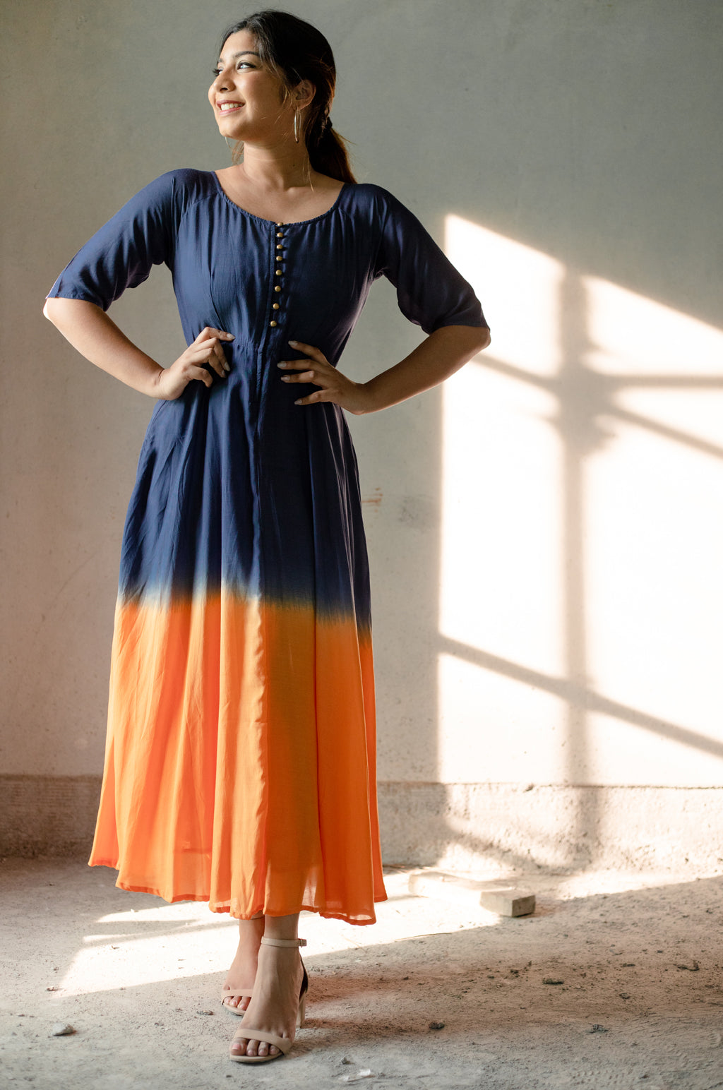 Indigo and Orange Fit and Flare Dress