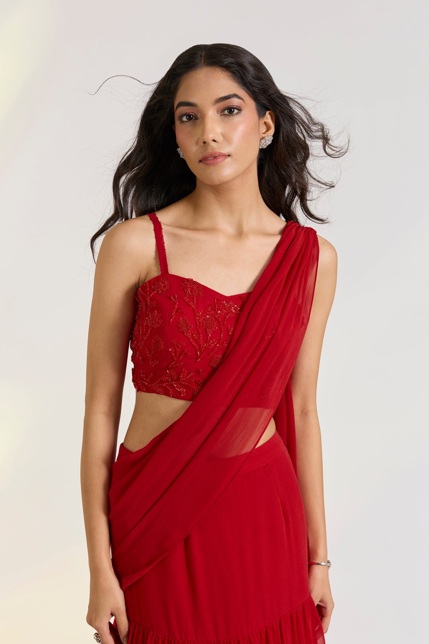 Red Embroidered Pre-Drape Saree