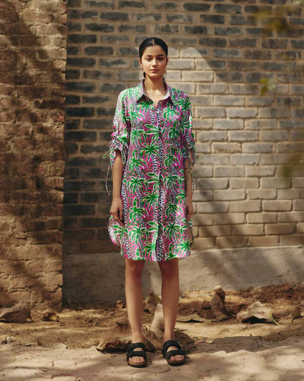 Palm Print Shirt Dress