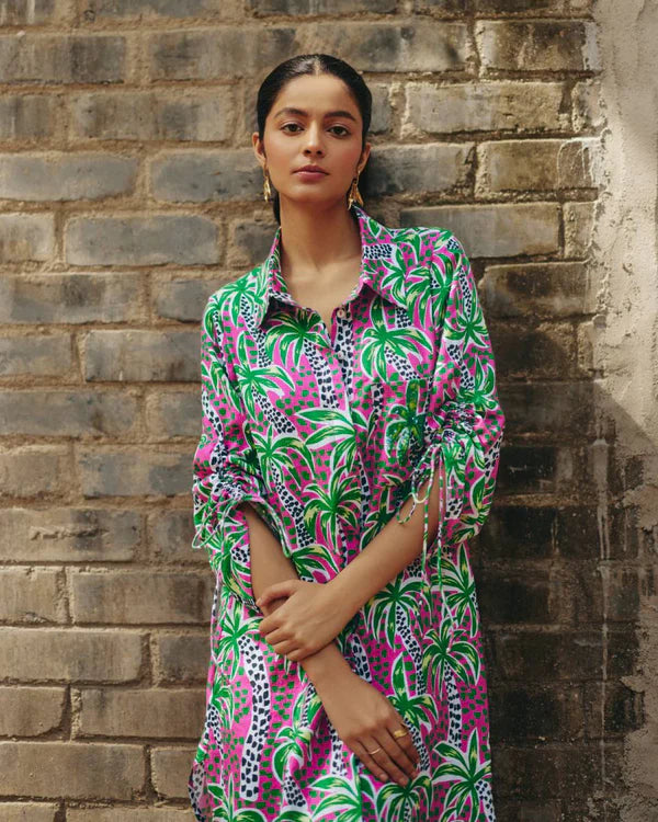 Palm Print Shirt Dress