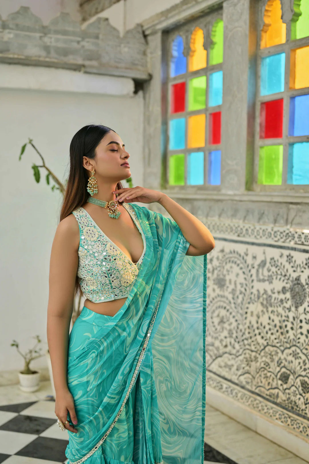 Marble ruffle saree