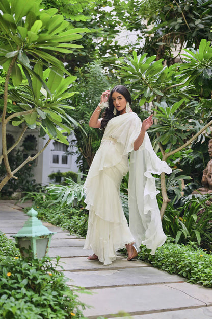 off white ruffle saree