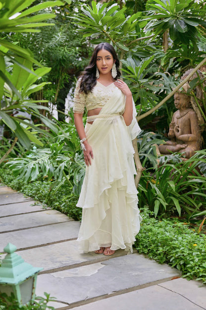 off white ruffle saree