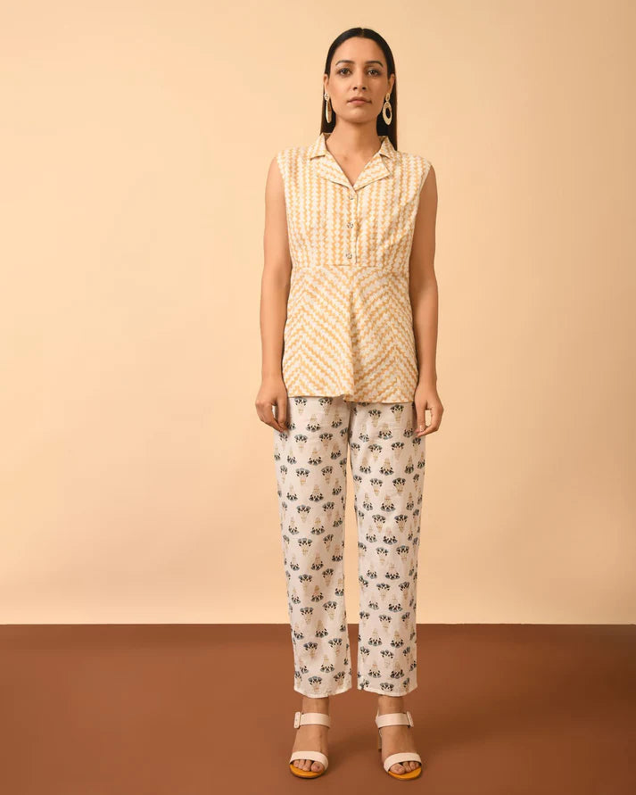 Collared Print Top and Block Print Pant