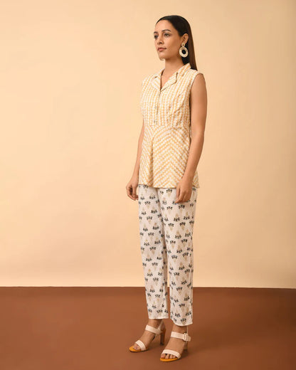 Collared Print Top and Block Print Pant