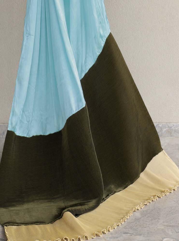 Aqua with pleated olive and gold Saree