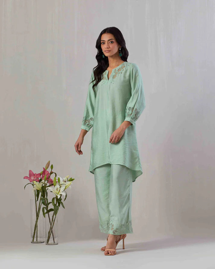 Sage green kurta and pant co-ord set featuring organza appliqué and embroidery on neckline, sleeve and pant.  100% Viscose Chanderi  Made in India