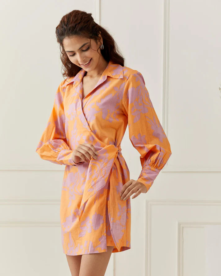 Lavender Rose Print Wrap Shirt Dress