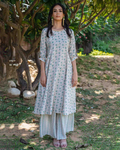 Printed Cotton Silk Kurta Pant Set