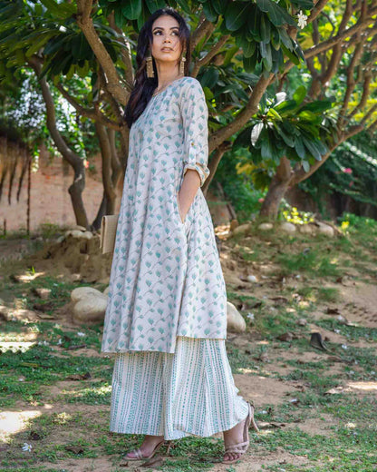 Printed Cotton Silk Kurta Pant Set