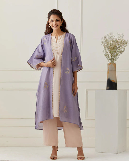 Lavender Chanderi Embroidered Jacket Kurta Pant Set