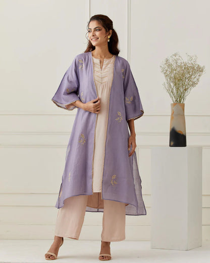 Lavender Chanderi Embroidered Jacket Kurta Pant Set