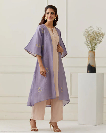 Lavender Chanderi Embroidered Jacket Kurta Pant Set