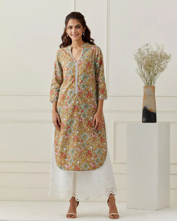 Block Printed Kurta with Broderie Anglaise Pant Set