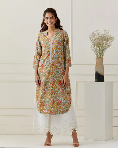 Block Printed Kurta with Broderie Anglaise Pant Set