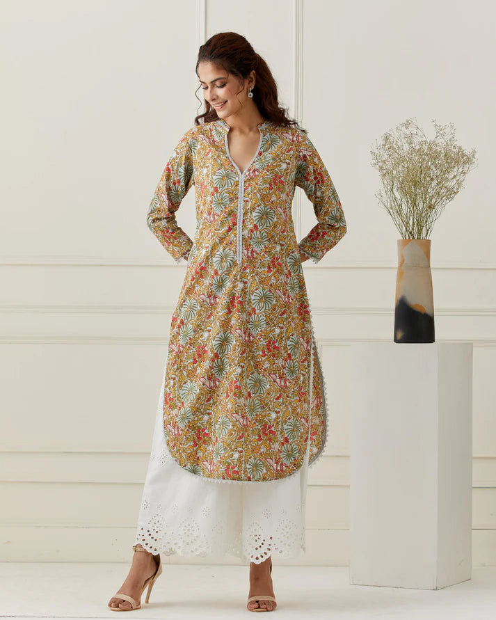 Block Printed Kurta with Broderie Anglaise Pant Set