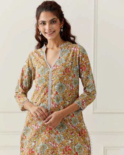 Block Printed Kurta with Broderie Anglaise Pant Set