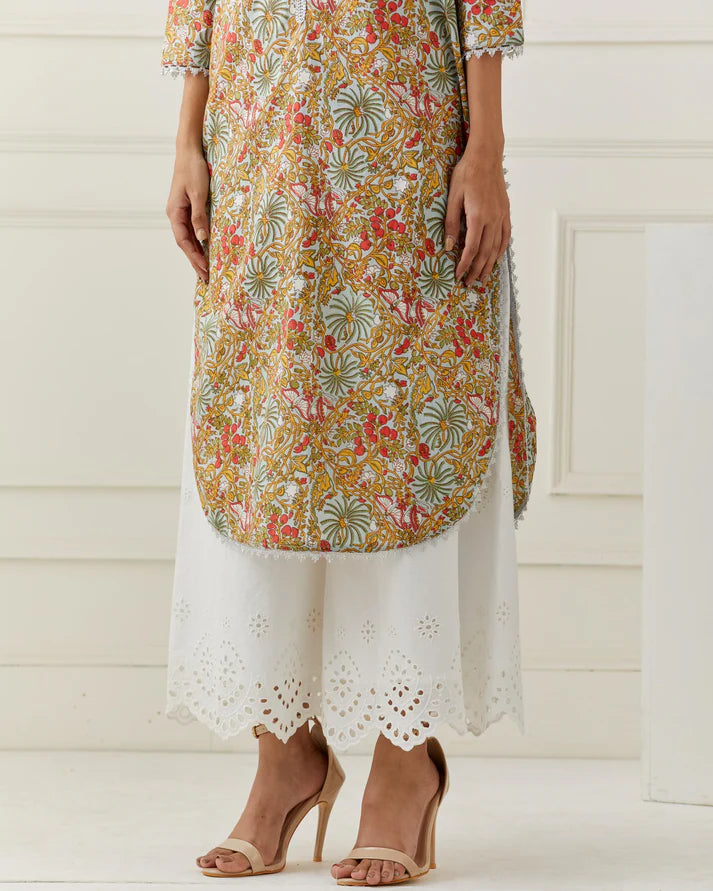 Block Printed Kurta with Broderie Anglaise Pant Set