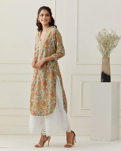 Block Printed Kurta with Broderie Anglaise Pant Set