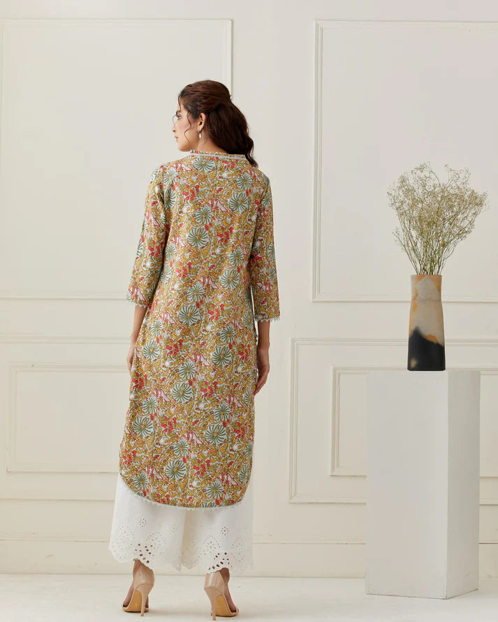 Block Printed Kurta with Broderie Anglaise Pant Set