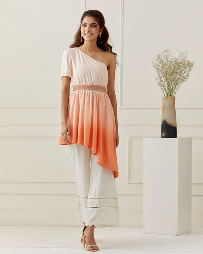 Off Shoulder Ombrey Kurta with Scalloped Pant