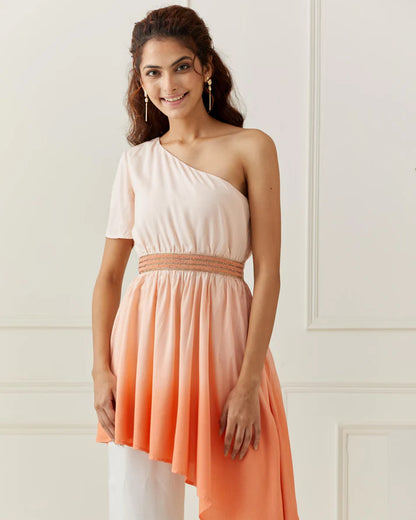 Off Shoulder Ombrey Kurta with Scalloped Pant