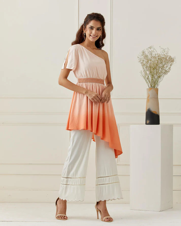 Off Shoulder Ombrey Kurta with Scalloped Pant