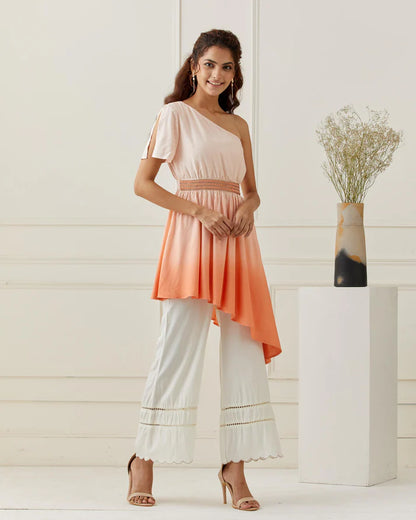 Off Shoulder Ombrey Kurta with Scalloped Pant