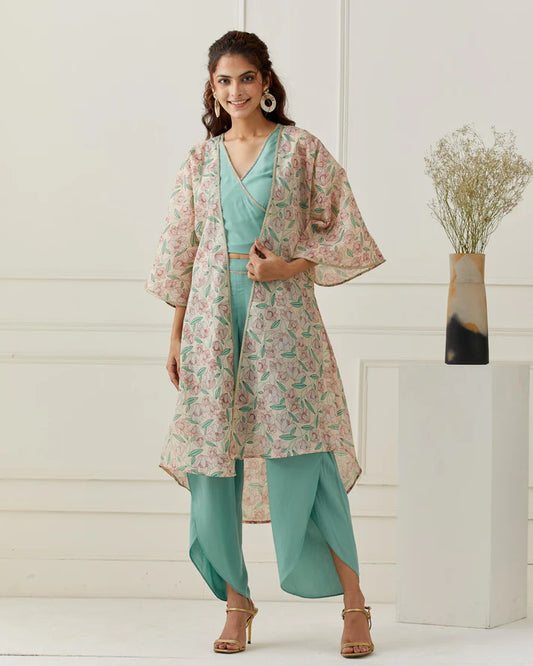 3 Piece Green Cami & Dhoti Pant Set with Chanderi Printed Jacket