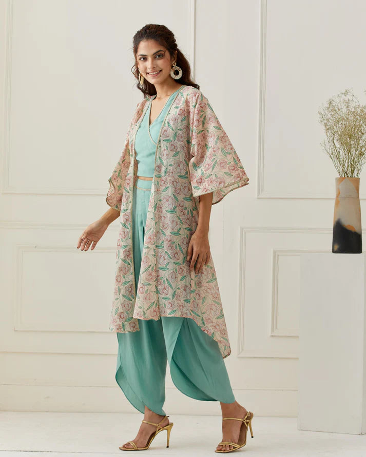 3 Piece Green Cami & Dhoti Pant Set with Chanderi Printed Jacket