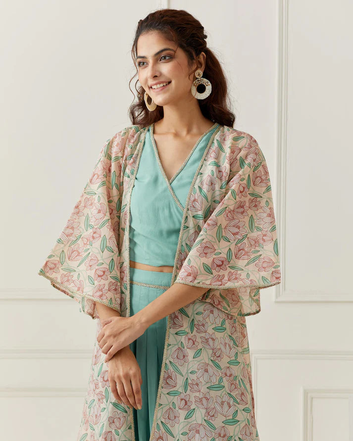 3 Piece Green Cami & Dhoti Pant Set with Chanderi Printed Jacket