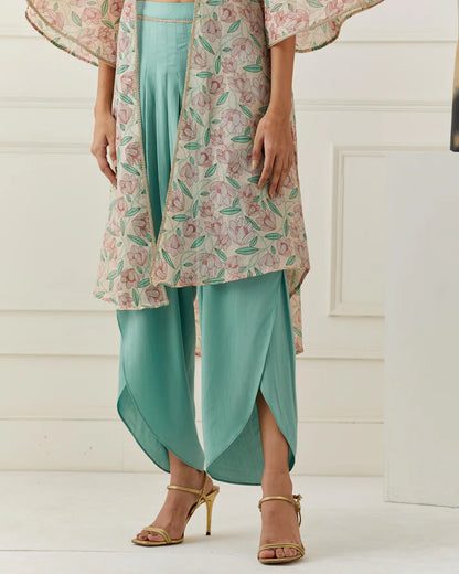 3 Piece Green Cami & Dhoti Pant Set with Chanderi Printed Jacket