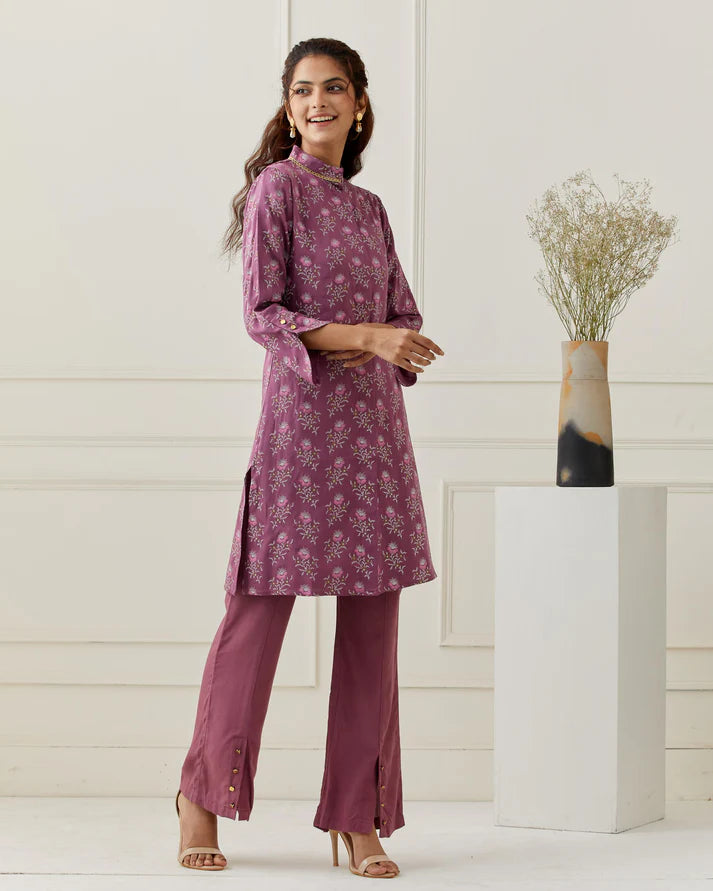 Modal Satin Printed Kurta with Solid Pant