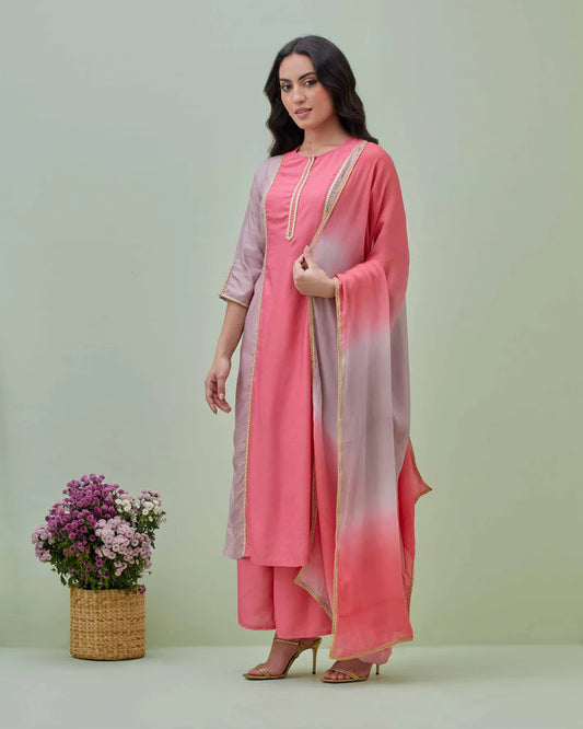 Pink Kurta Set with Ombrey Dupatta