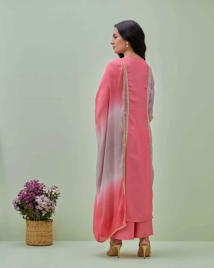 Pink Kurta Set with Ombrey Dupatta