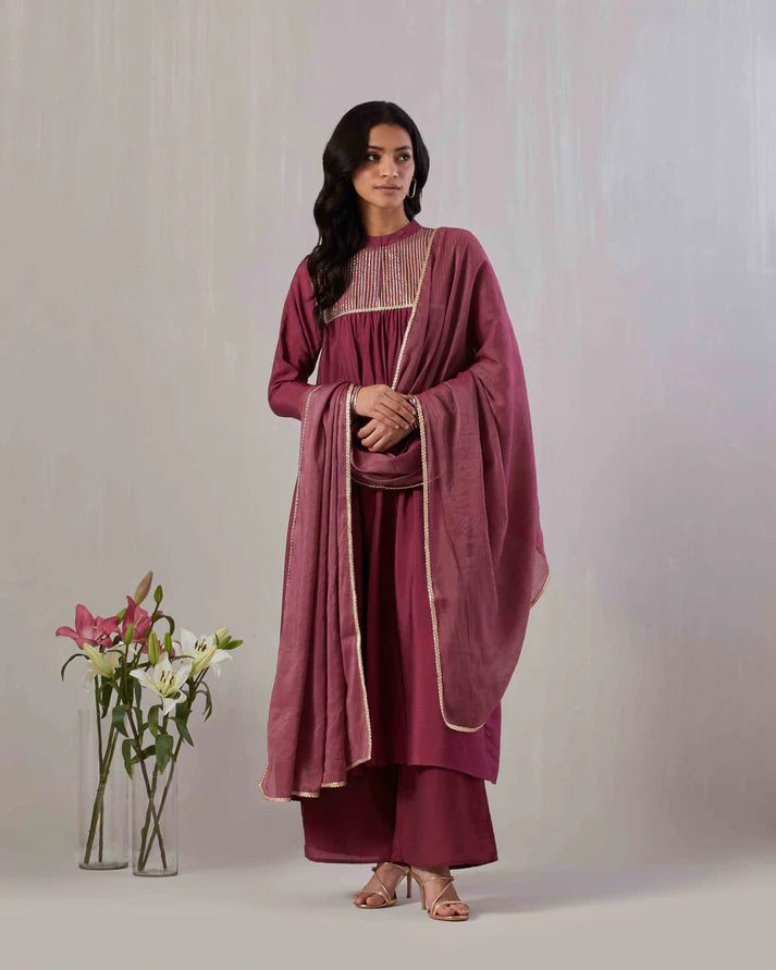 Wine Gota Embroidered Kurta Set