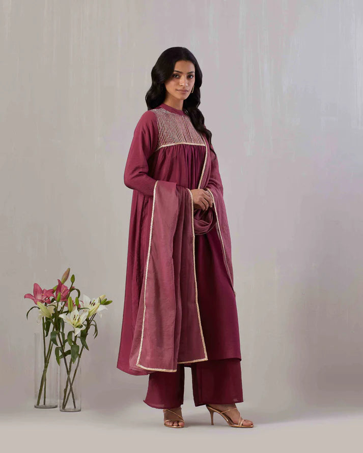 Wine Gota Embroidered Kurta Set