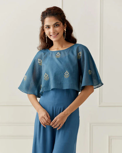 Azure Blue Jumpsuit with Embroidered Cape