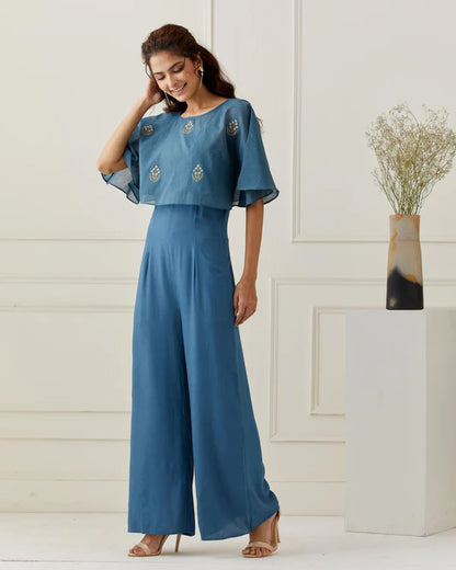 Azure Blue Jumpsuit with Embroidered Cape