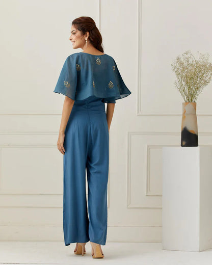 Azure Blue Jumpsuit with Embroidered Cape