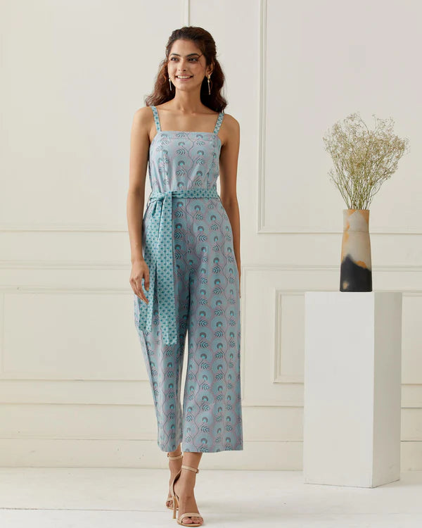 Grey Cotton Printed Jumpsuit with Belt