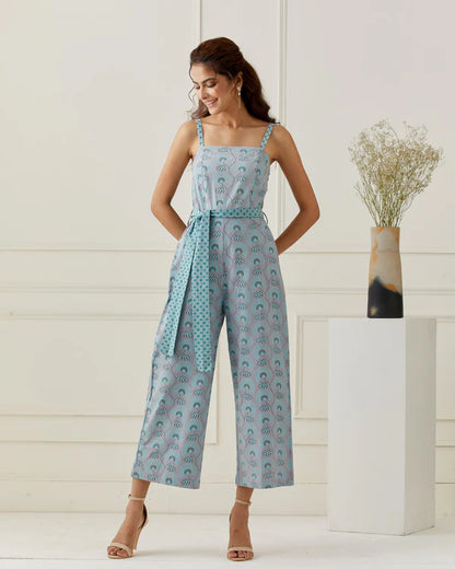 Grey Cotton Printed Jumpsuit with Belt