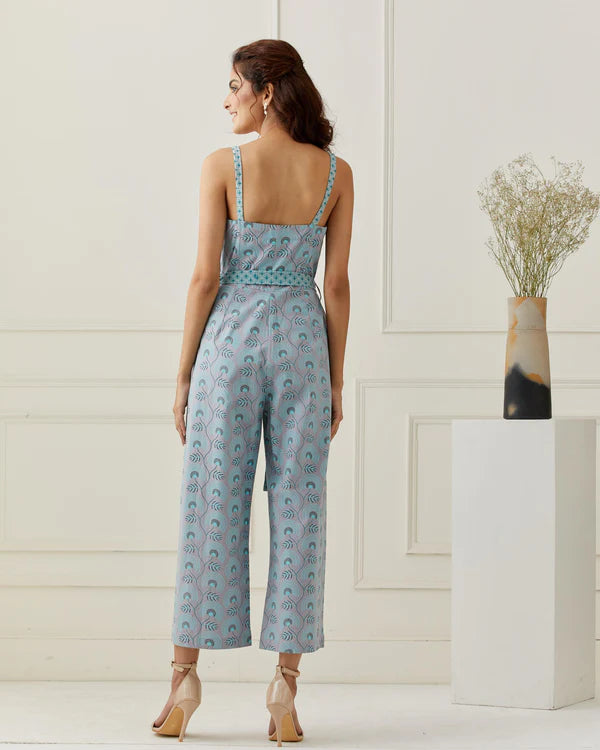 Grey Cotton Printed Jumpsuit with Belt