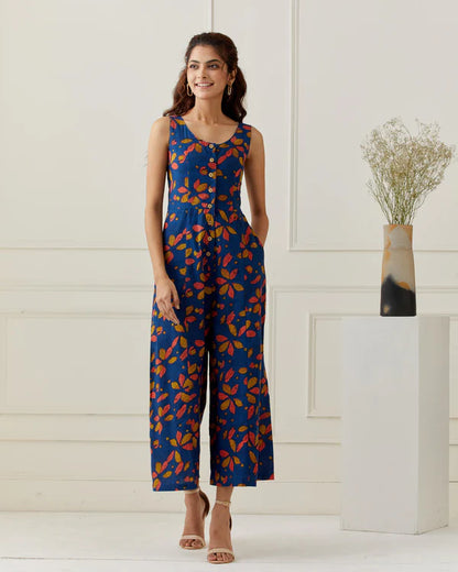 Deep Blue Block Printed Flared Jumpsuit