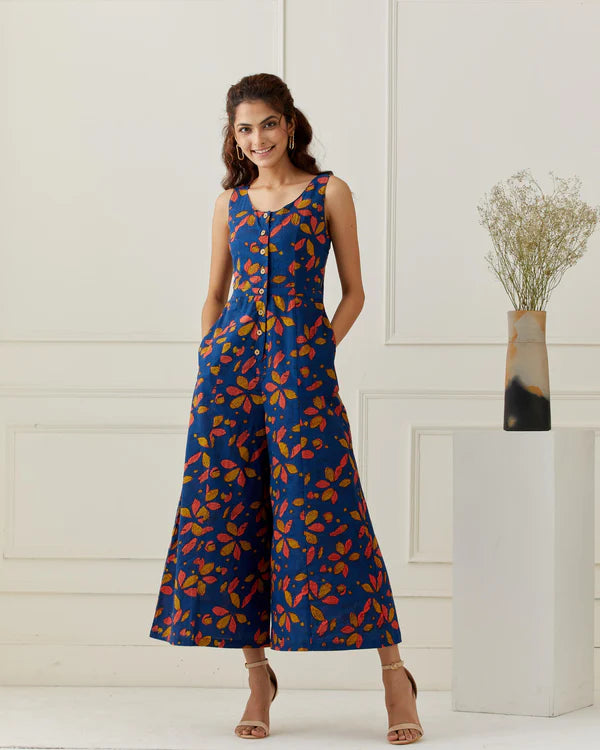 Deep Blue Block Printed Flared Jumpsuit