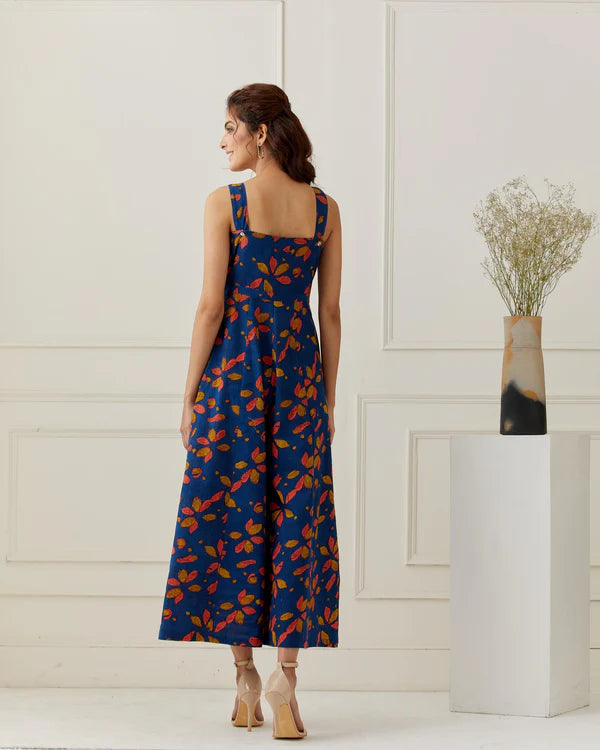 Deep Blue Block Printed Flared Jumpsuit